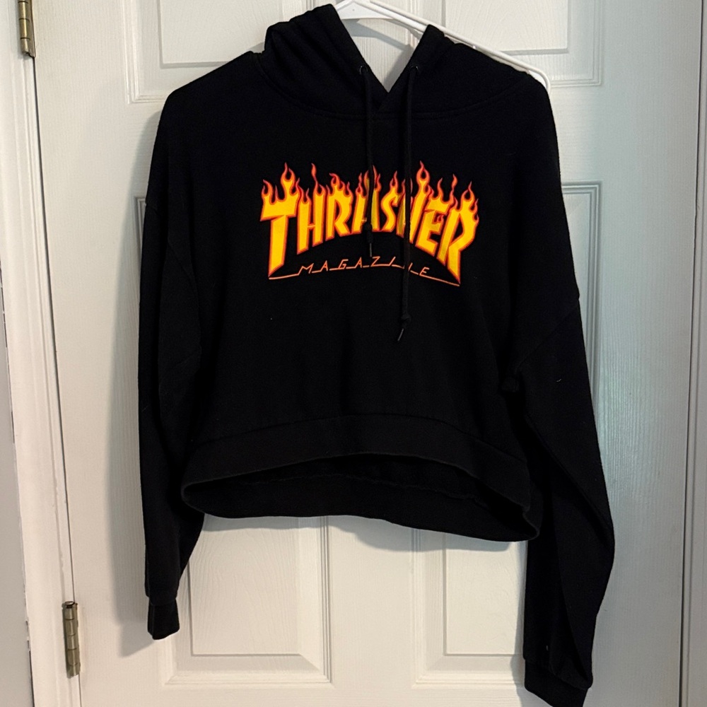 Thrasher Cropped Black Hoodie with Flame Logo